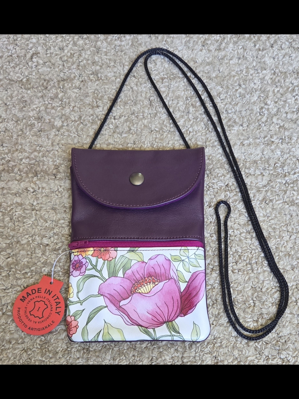 Vera Pelle Italian Leather Crossbody Mini Bag/Purse Painted Floral Design NWT